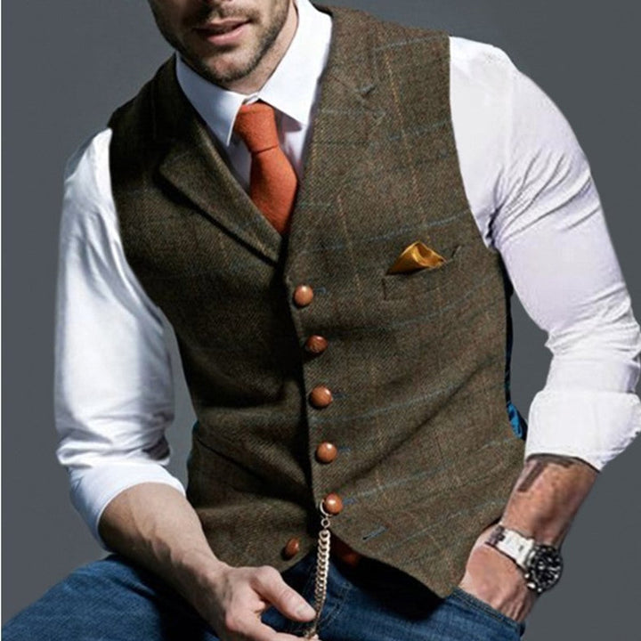 Mens Gilet Herringbone Tweed Waistcoat Buttoned Checked Vest - Brown