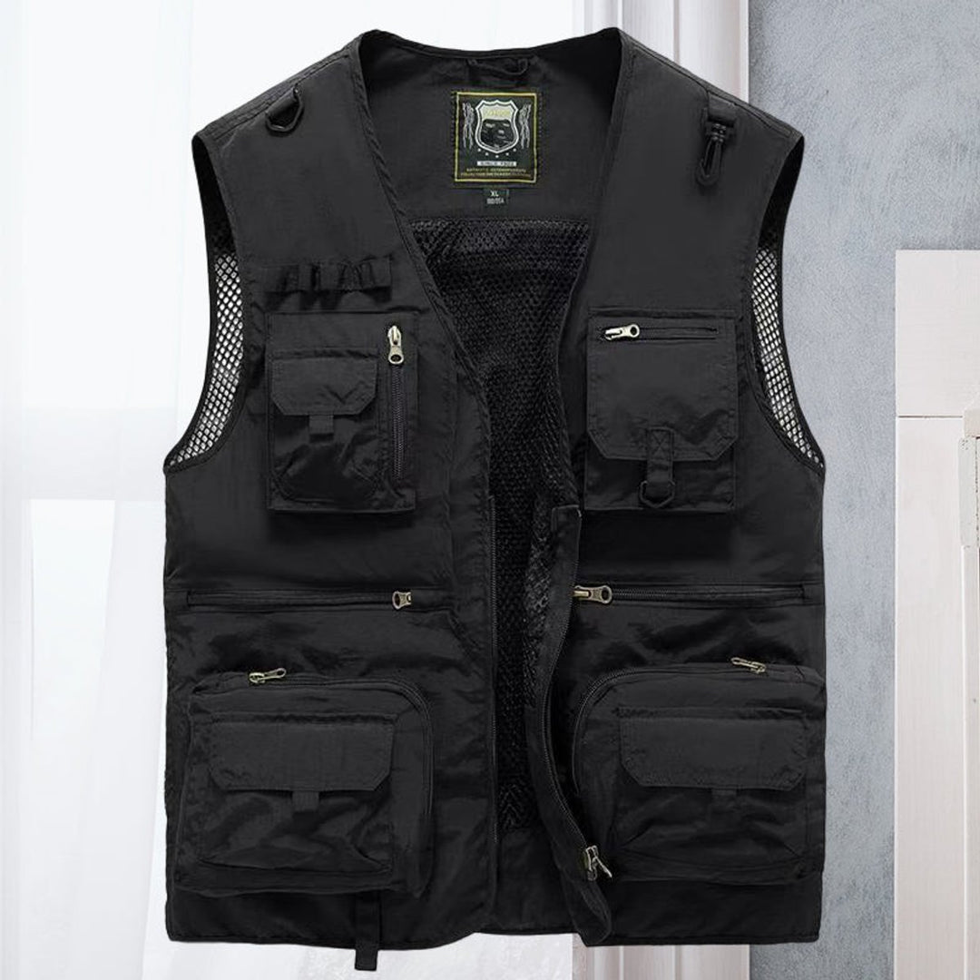 Mens Gilet Multi-Pocket Lightweight Outdoor Fishing Vest - Black