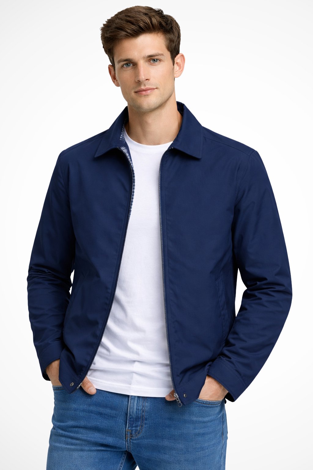 Men's Harrington Jacket Zip Front Collared Check Lining - Blue