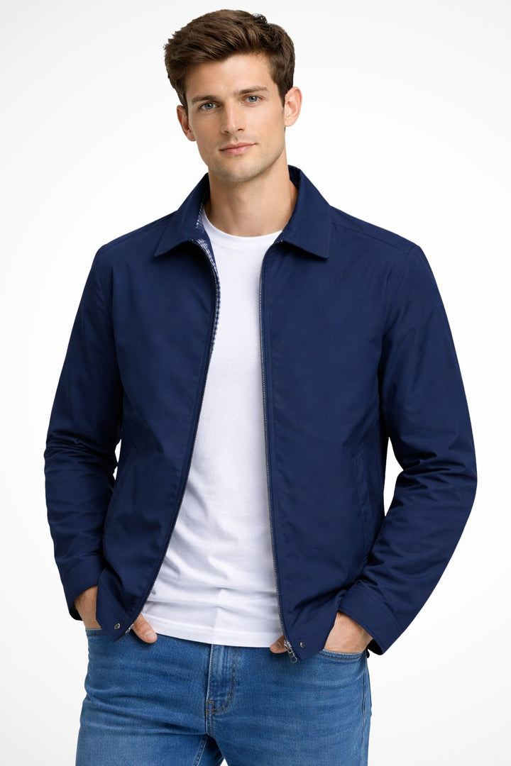 Men's Harrington Jacket Zip Front Collared Check Lining - Blue