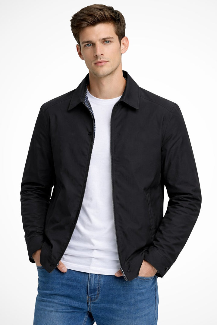 Men's Harrington Jacket Zip Front Collared Check Lining - Black