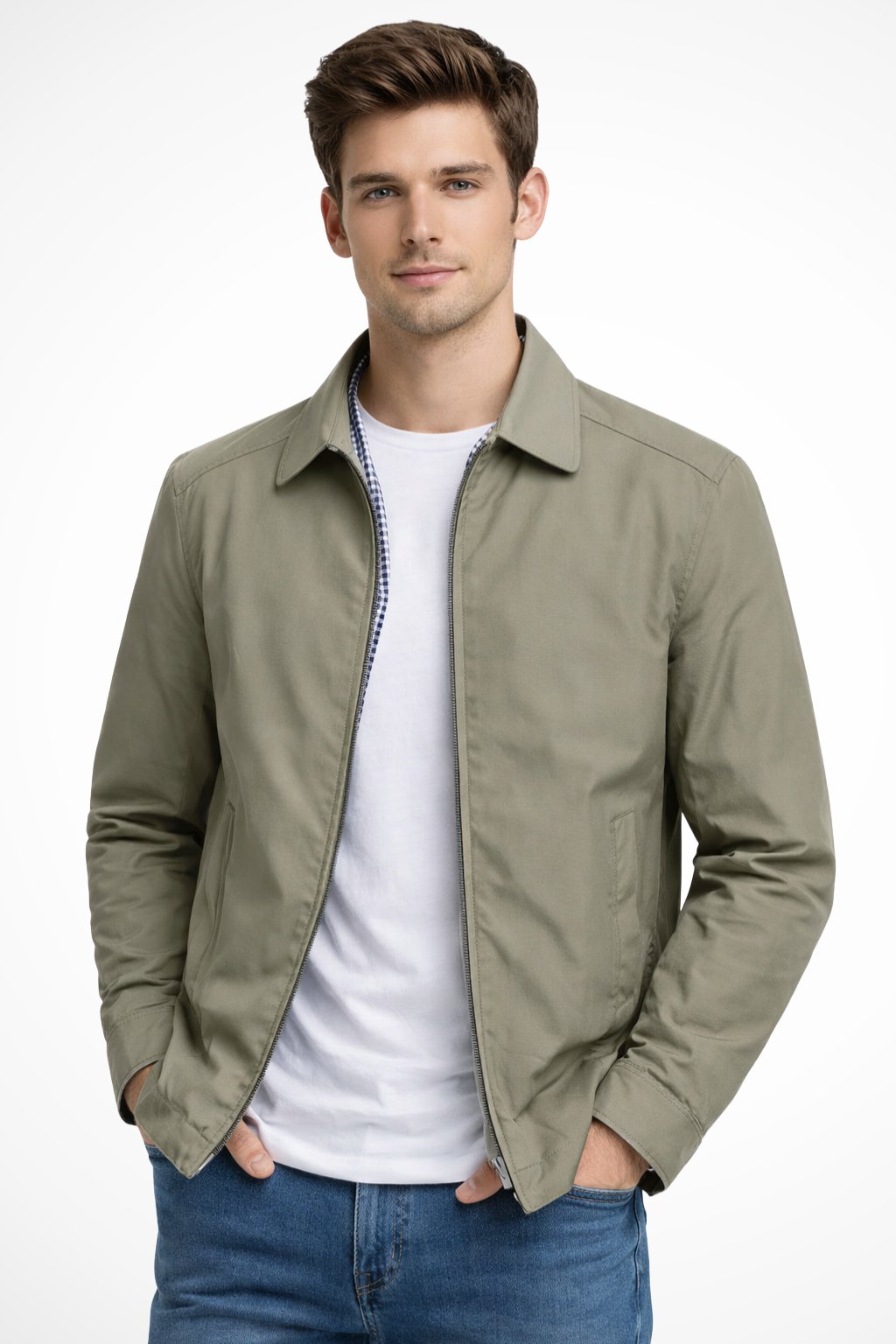Men's Harrington Jacket Zip Front Collared Check Lining - Beige