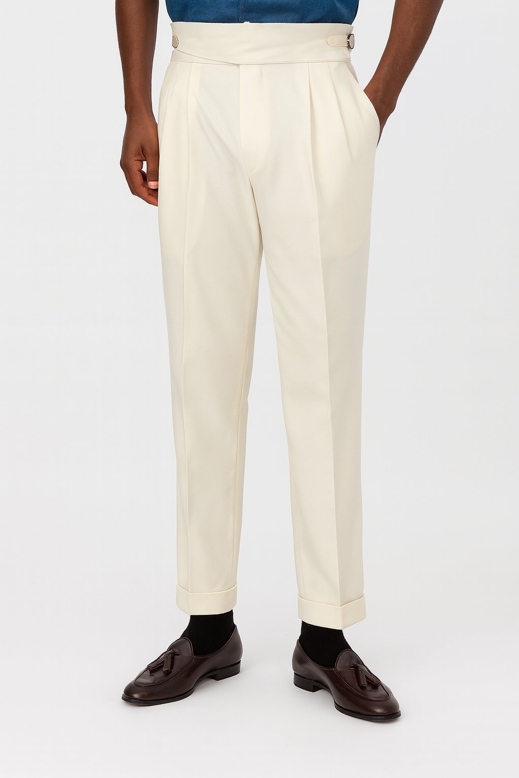 Men's High-Waisted Pleated Drawstring Trousers - White