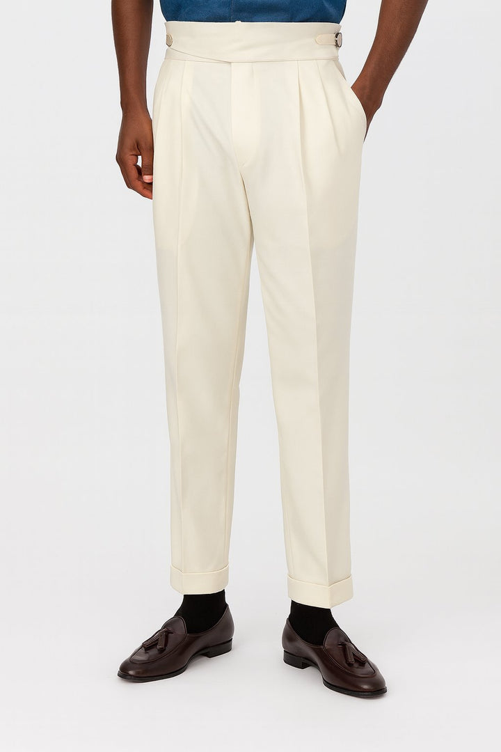 Men's High-Waisted Pleated Drawstring Trousers - White