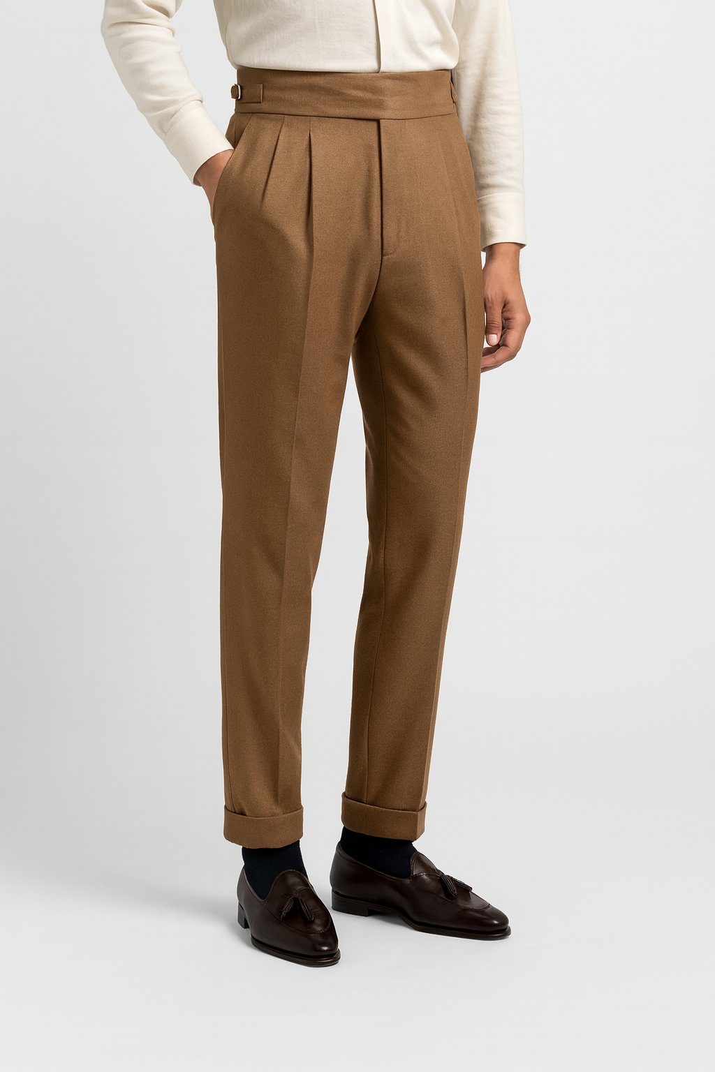 Men's High-Waisted Pleated Drawstring Trousers - Khaki