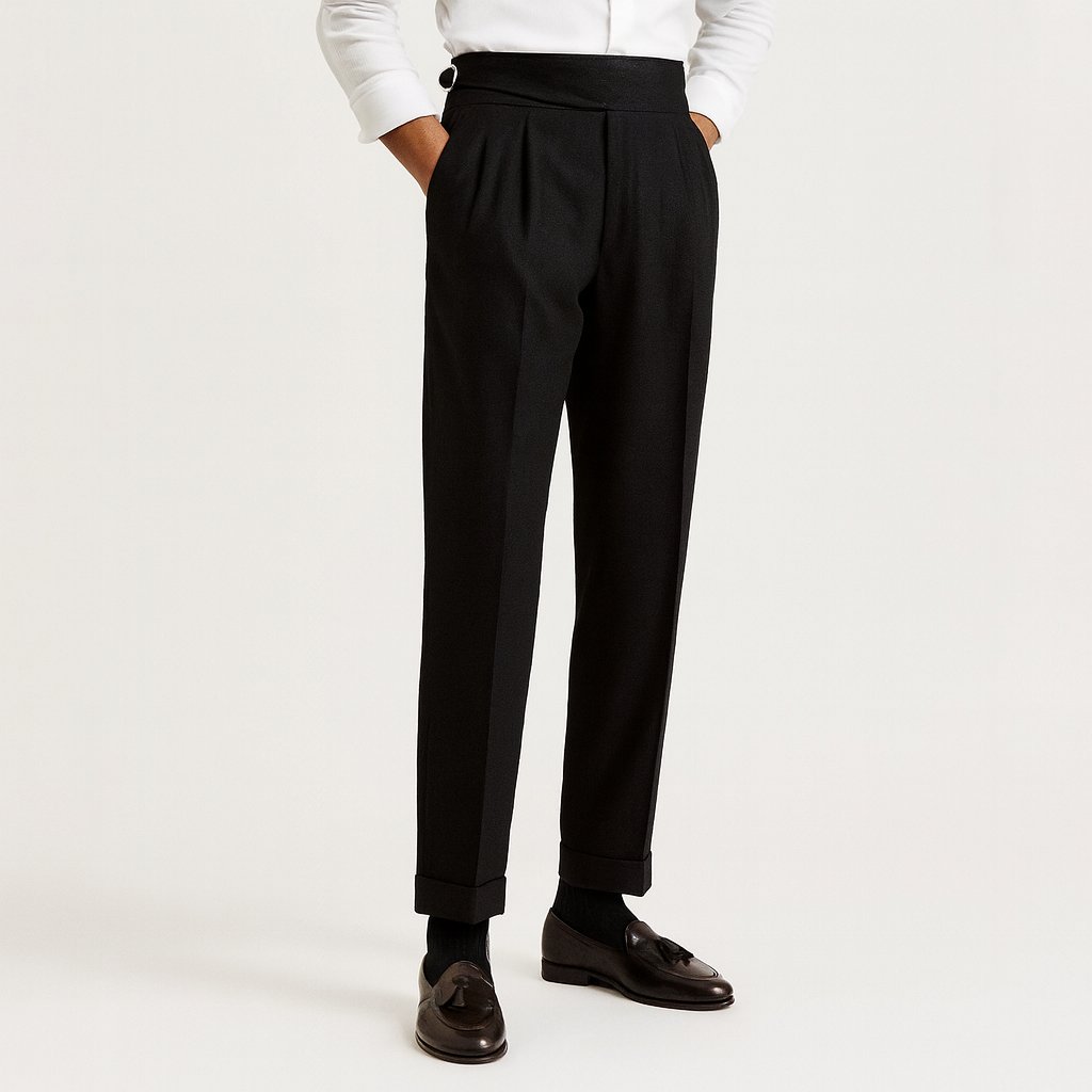 Men's High-Waisted Pleated Drawstring Trousers - Black