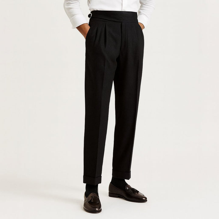 Men's High-Waisted Pleated Drawstring Trousers - Black
