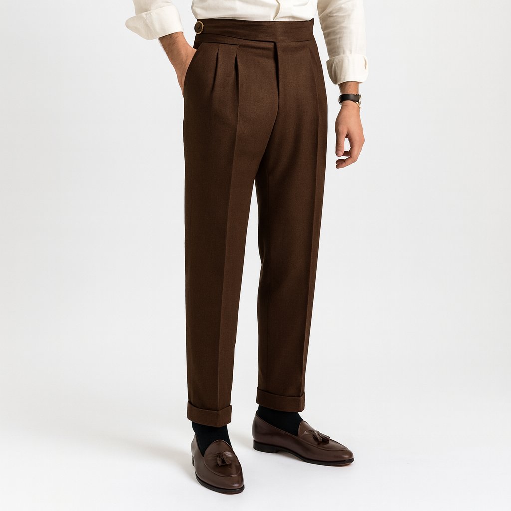 Men's High-Waisted Pleated Drawstring Trousers - Coffee