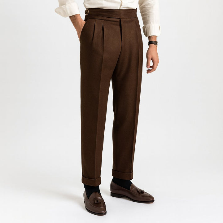 Men's High-Waisted Pleated Drawstring Trousers - Coffee