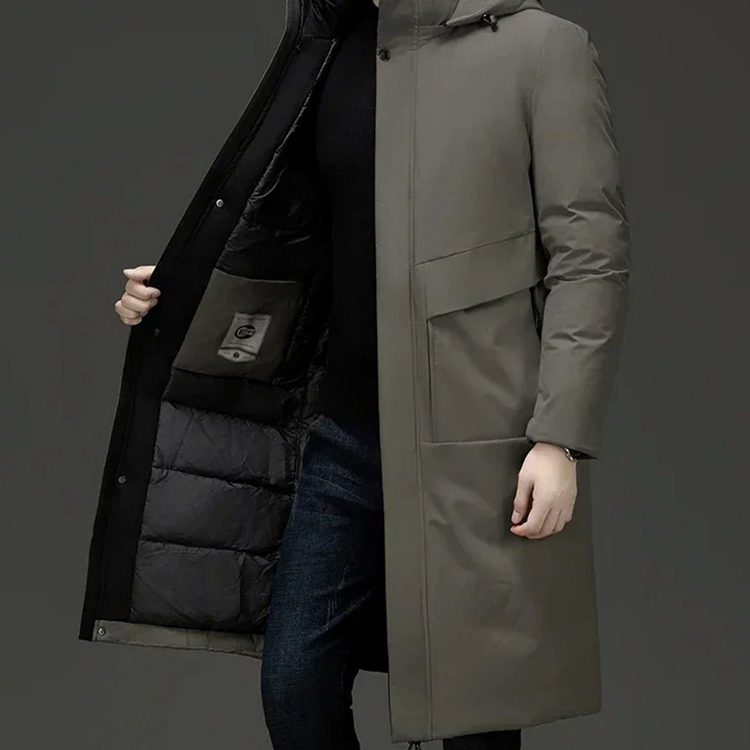 Men's Insulated Hooded Long-Line Winter Coat Full-Zip Quilted Lining - Grey