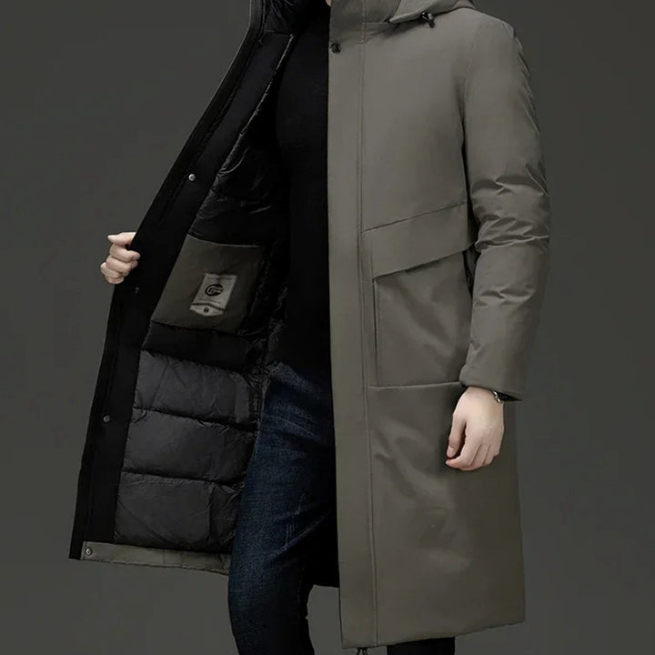 Men's Insulated Hooded Long-Line Winter Coat Full-Zip Quilted Lining - Grey