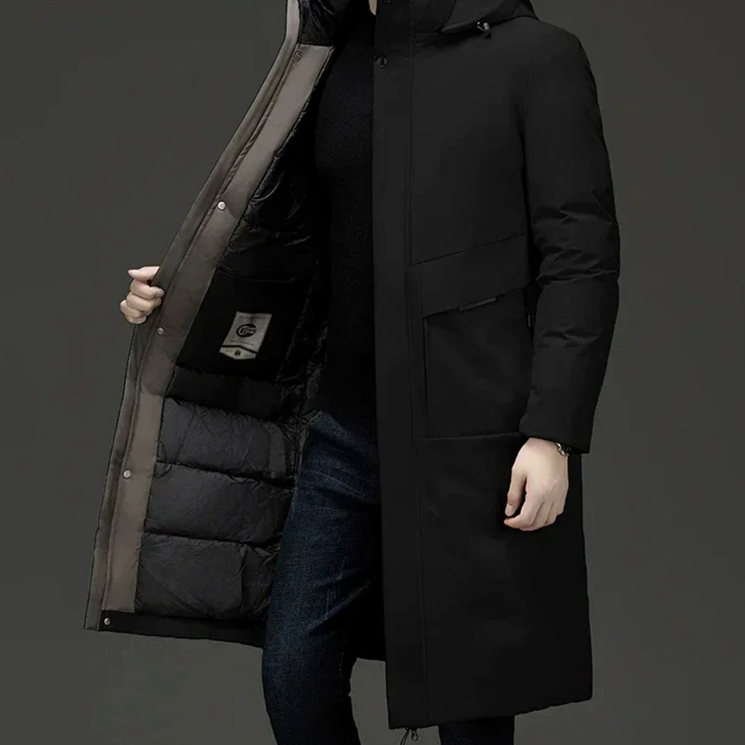 Men's Insulated Hooded Long-Line Winter Coat Full-Zip Quilted Lining - Black