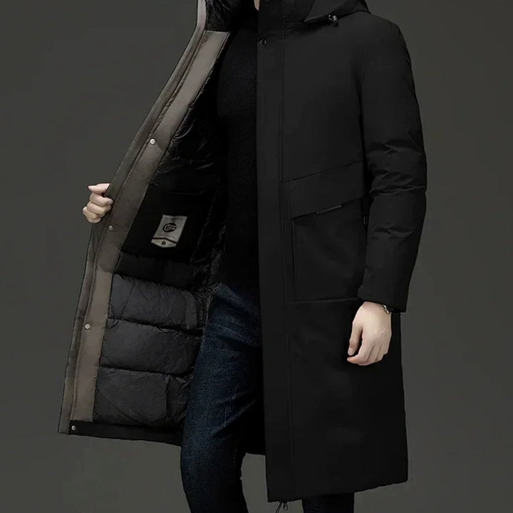 Men's Insulated Hooded Long-Line Winter Coat Full-Zip Quilted Lining - Black