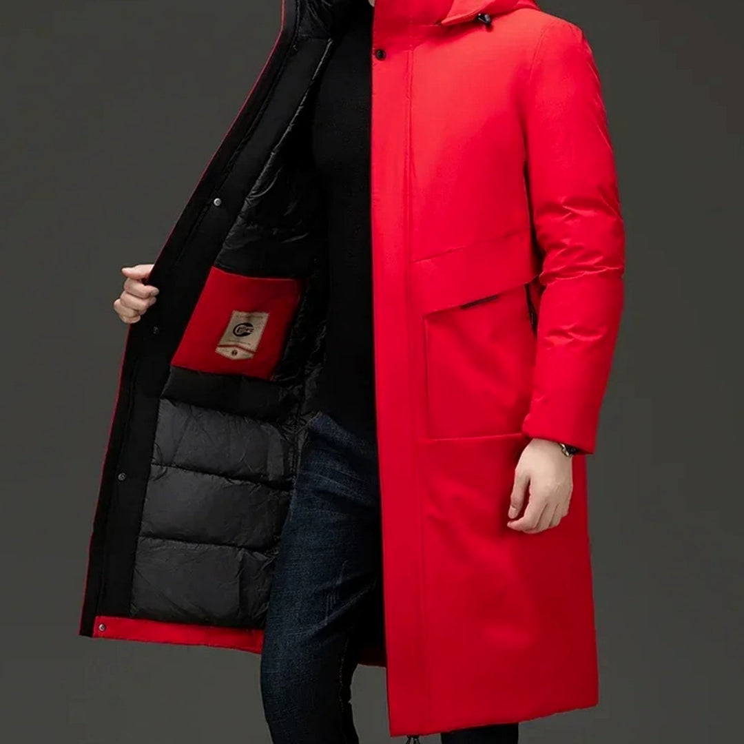 Men's Insulated Hooded Long-Line Winter Coat Full-Zip Quilted Lining - Red