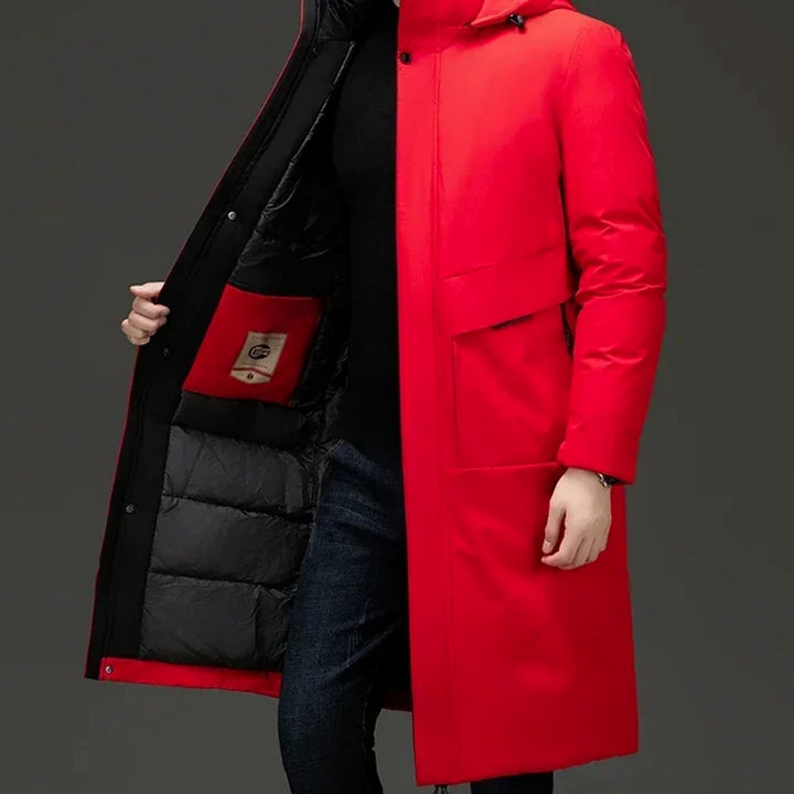 Men's Insulated Hooded Long-Line Winter Coat Full-Zip Quilted Lining - Red