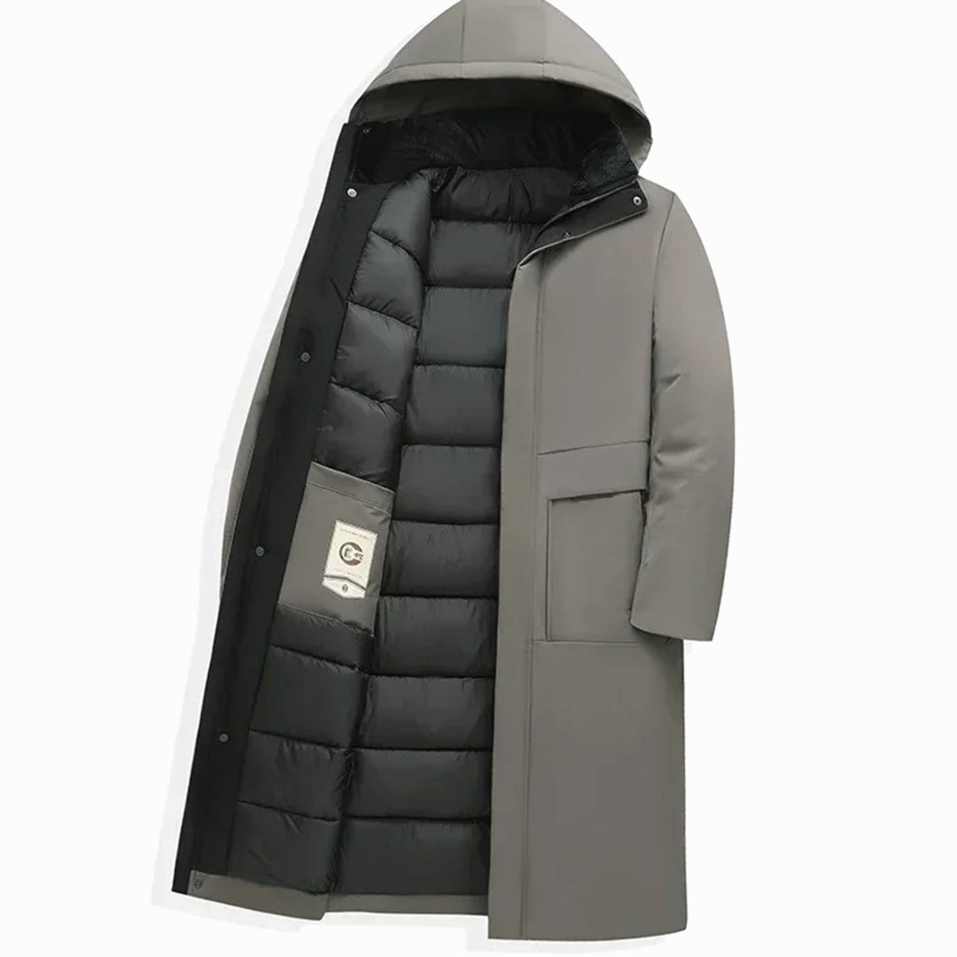 Men's Insulated Hooded Long-Line Winter Coat Full-Zip Quilted Lining