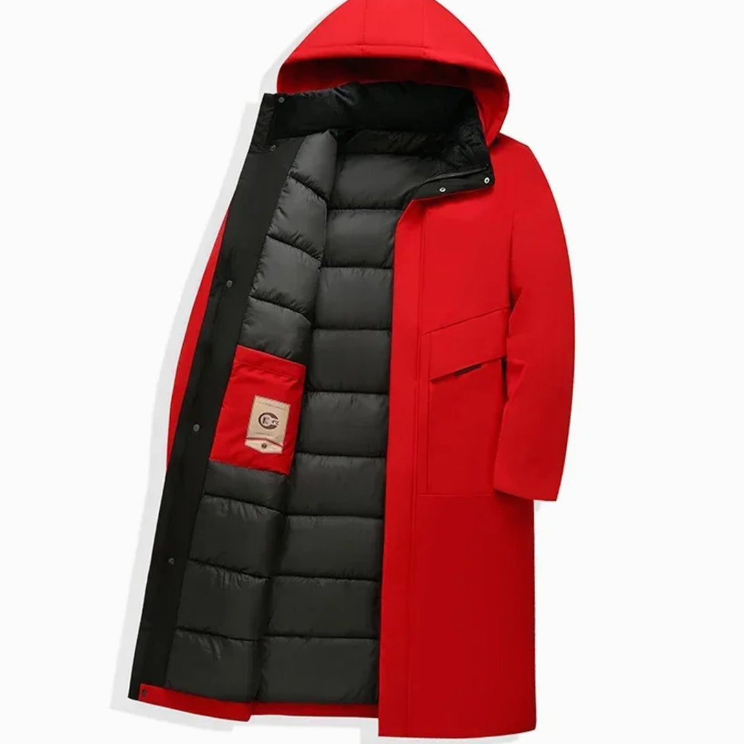 Men's Insulated Hooded Long-Line Winter Coat Full-Zip Quilted Lining