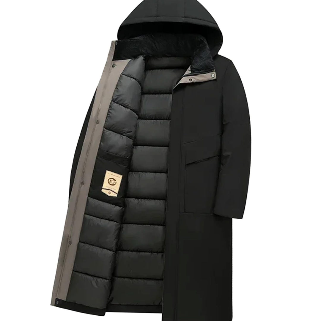 Men's Insulated Hooded Long-Line Winter Coat Full-Zip Quilted Lining