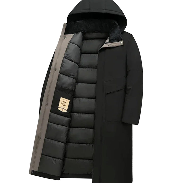 Men's Insulated Hooded Long-Line Winter Coat Full-Zip Quilted Lining