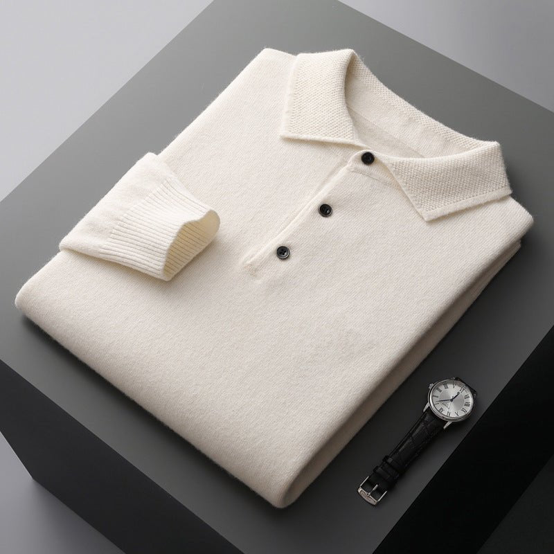 Men's Knit Cotton Long Sleeve Three-Button Polo Jumper - White