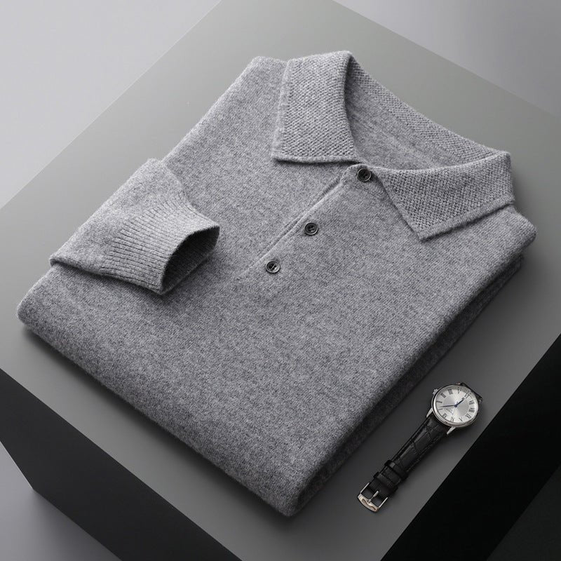 Men's Knit Cotton Long Sleeve Three-Button Polo Jumper - Grey