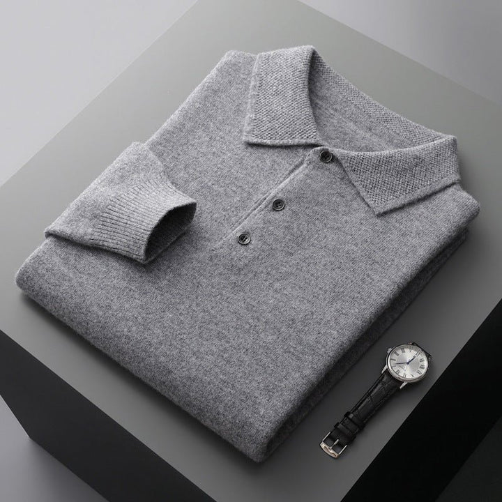 Men's Knit Cotton Long Sleeve Three-Button Polo Jumper - Grey