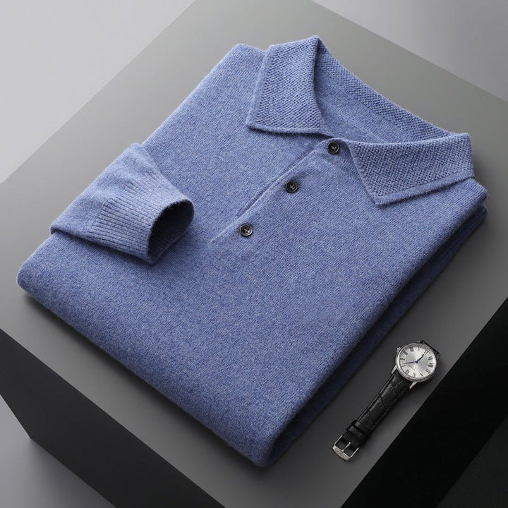 Men's Knit Cotton Long Sleeve Three-Button Polo Jumper - Blue