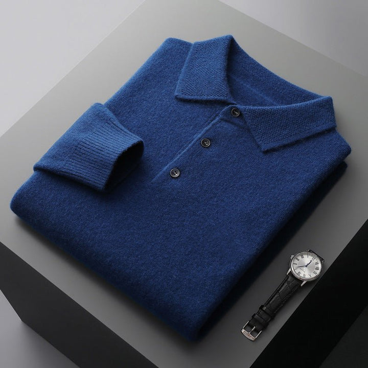 Men's Knit Cotton Long Sleeve Three-Button Polo Jumper - Royal Blue