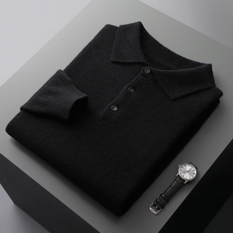 Men's Knit Cotton Long Sleeve Three-Button Polo Jumper - Black