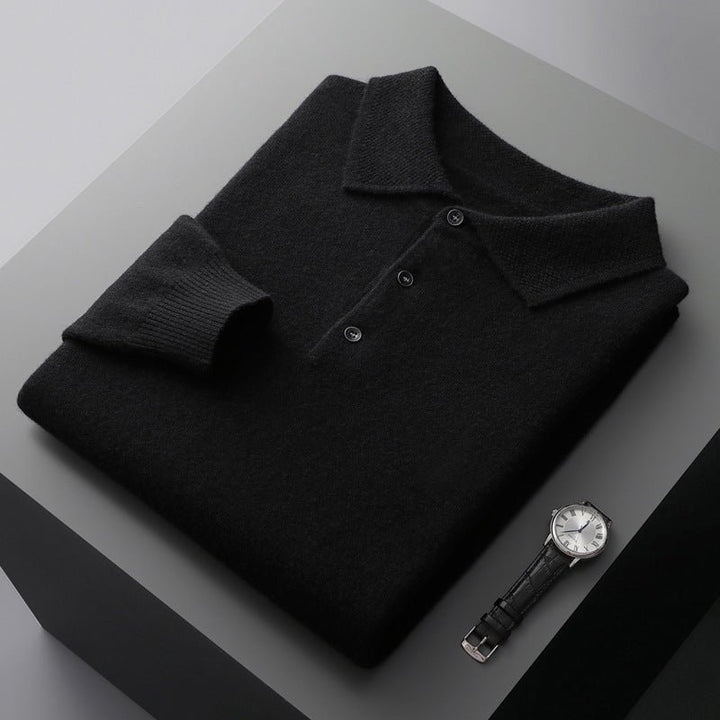Men's Knit Cotton Long Sleeve Three-Button Polo Jumper - Black