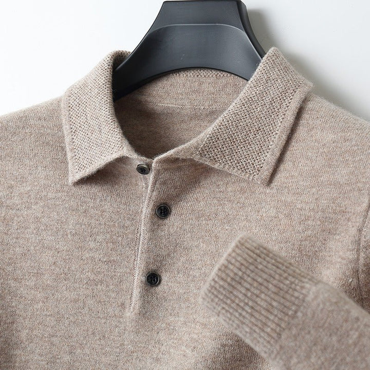 Men's Knit Cotton Long Sleeve Three-Button Polo Jumper - Khaki
