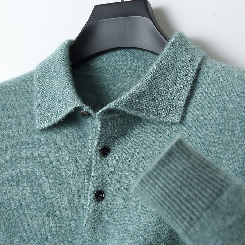 Men's Knit Cotton Long Sleeve Three-Button Polo Jumper - Green