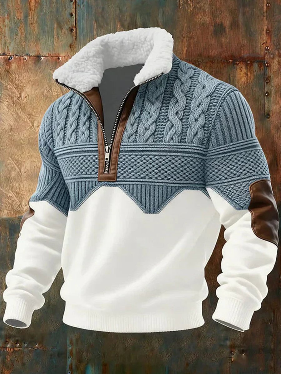 Mens Knit Sweater Half-Zip Fleece Collar Colour Block Pullover