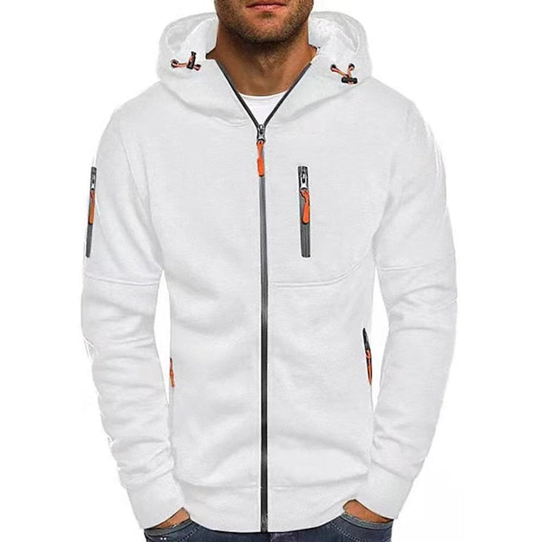 Mens Knit Sweater Zip-Up Hooded Fleece Pullover Multi-Pocket - White