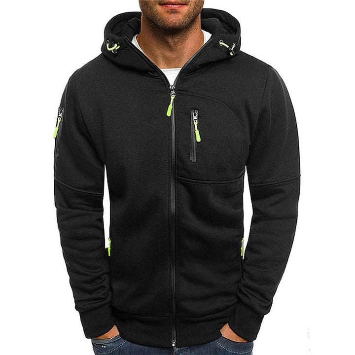 Mens Knit Sweater Zip-Up Hooded Fleece Pullover Multi-Pocket - Black