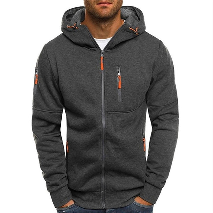 Mens Knit Sweater Zip-Up Hooded Fleece Pullover Multi-Pocket - Dark Grey