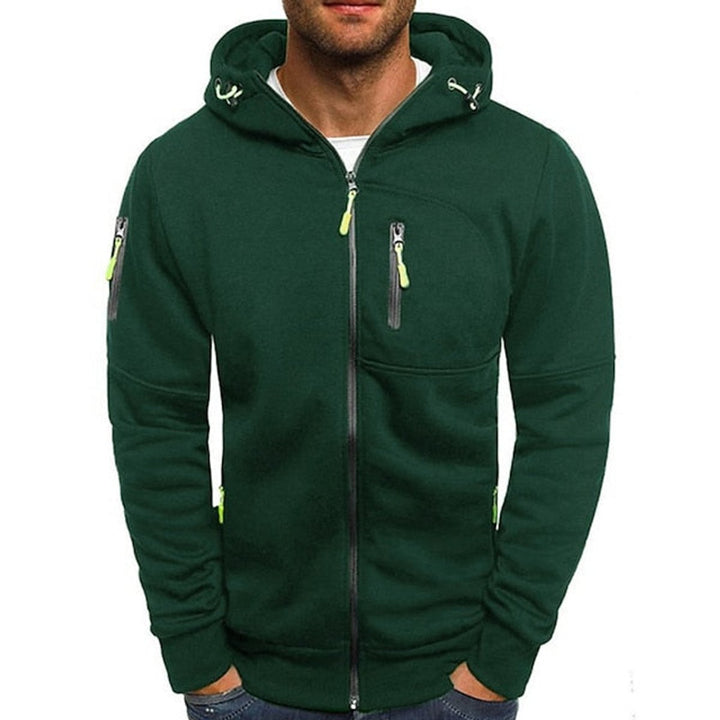 Mens Knit Sweater Zip-Up Hooded Fleece Pullover Multi-Pocket - Green