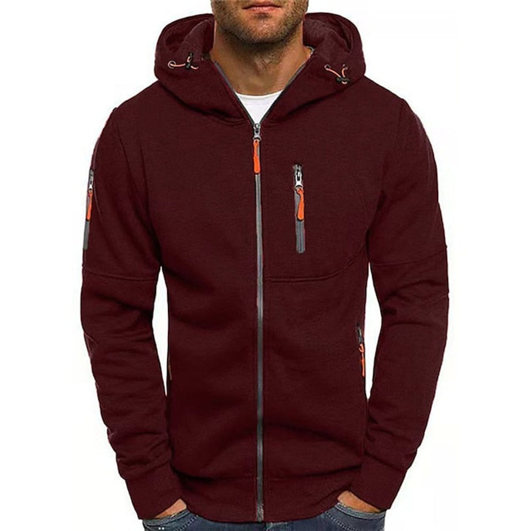 Mens Knit Sweater Zip-Up Hooded Fleece Pullover Multi-Pocket - Wine Red