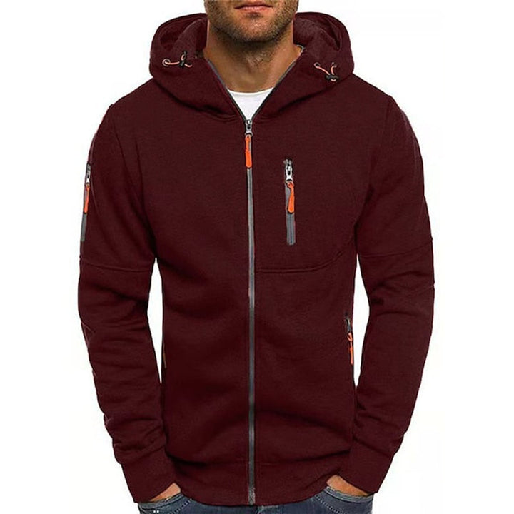 Mens Knit Sweater Zip-Up Hooded Fleece Pullover Multi-Pocket - Wine Red