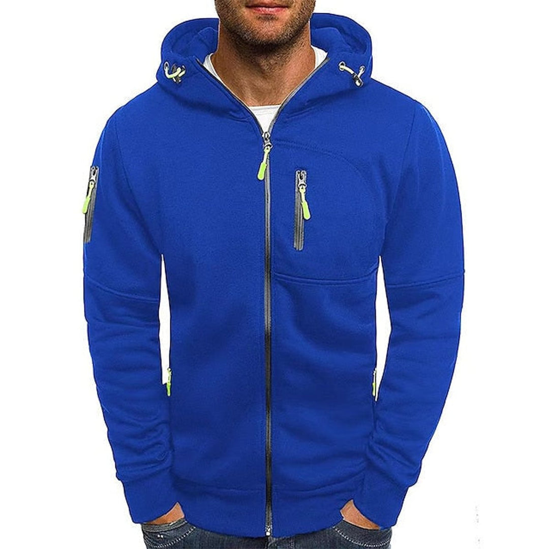 Mens Knit Sweater Zip-Up Hooded Fleece Pullover Multi-Pocket - Blue