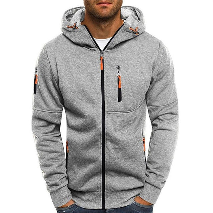 Mens Knit Sweater Zip-Up Hooded Fleece Pullover Multi-Pocket - Light Grey