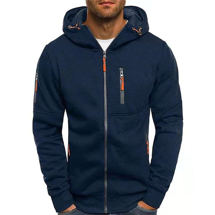 Mens Knit Sweater Zip-Up Hooded Fleece Pullover Multi-Pocket - Navy