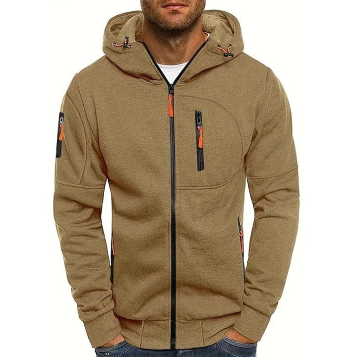 Mens Knit Sweater Zip-Up Hooded Fleece Pullover Multi-Pocket - Khaki