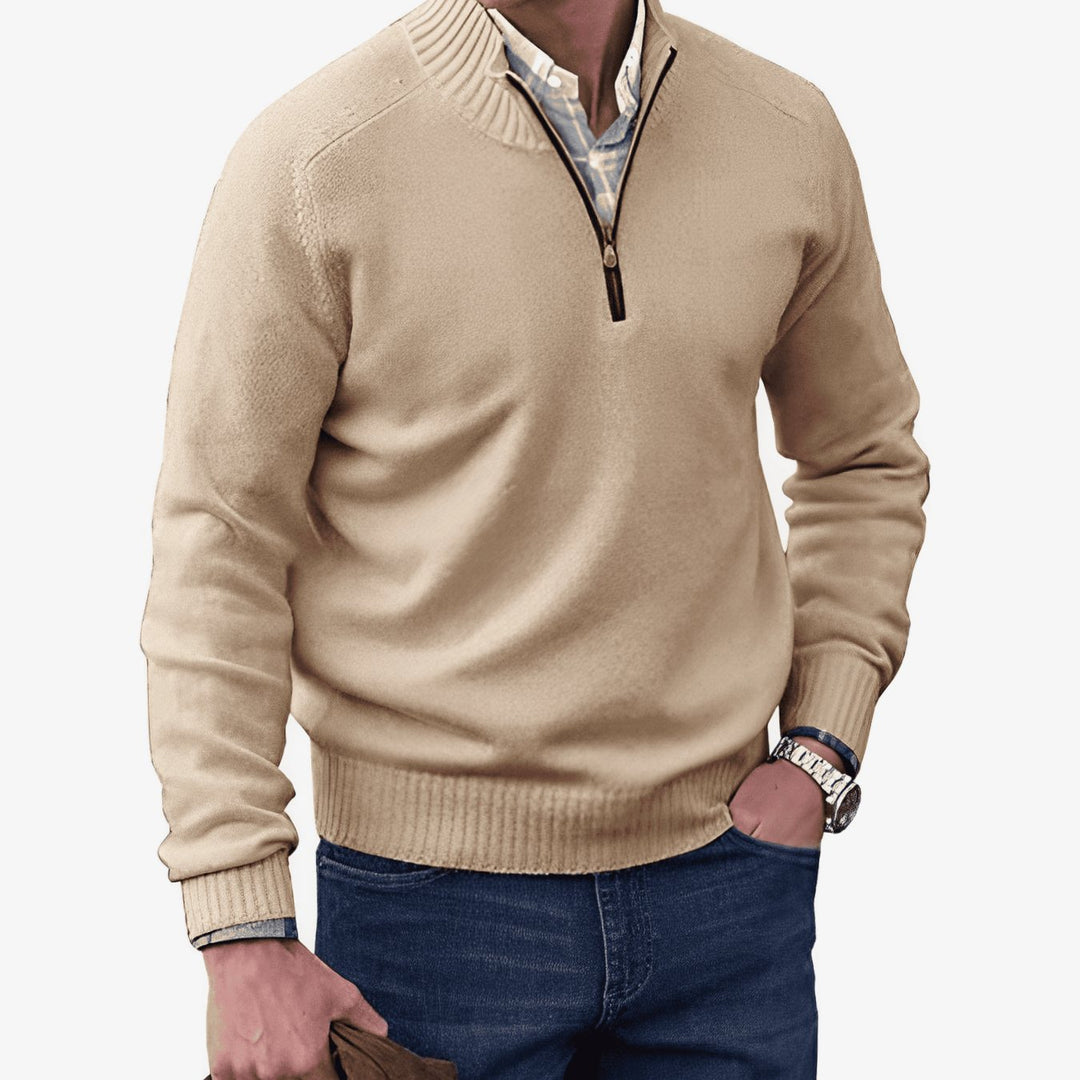 Men's Knitted Half-Zip Pullover Jumper Mock Neck Long Sleeve - Brown