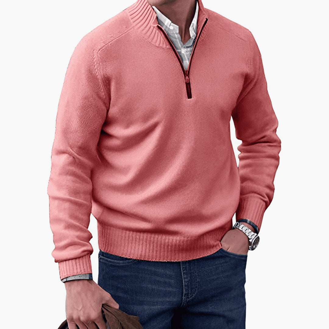 Men's Knitted Half-Zip Pullover Jumper Mock Neck Long Sleeve - Pink