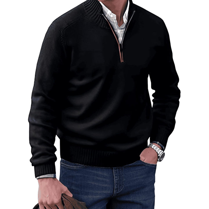 Men's Knitted Half-Zip Pullover Jumper Mock Neck Long Sleeve - Black