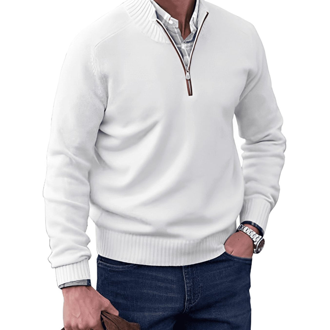 Men's Knitted Half-Zip Pullover Jumper Mock Neck Long Sleeve - White