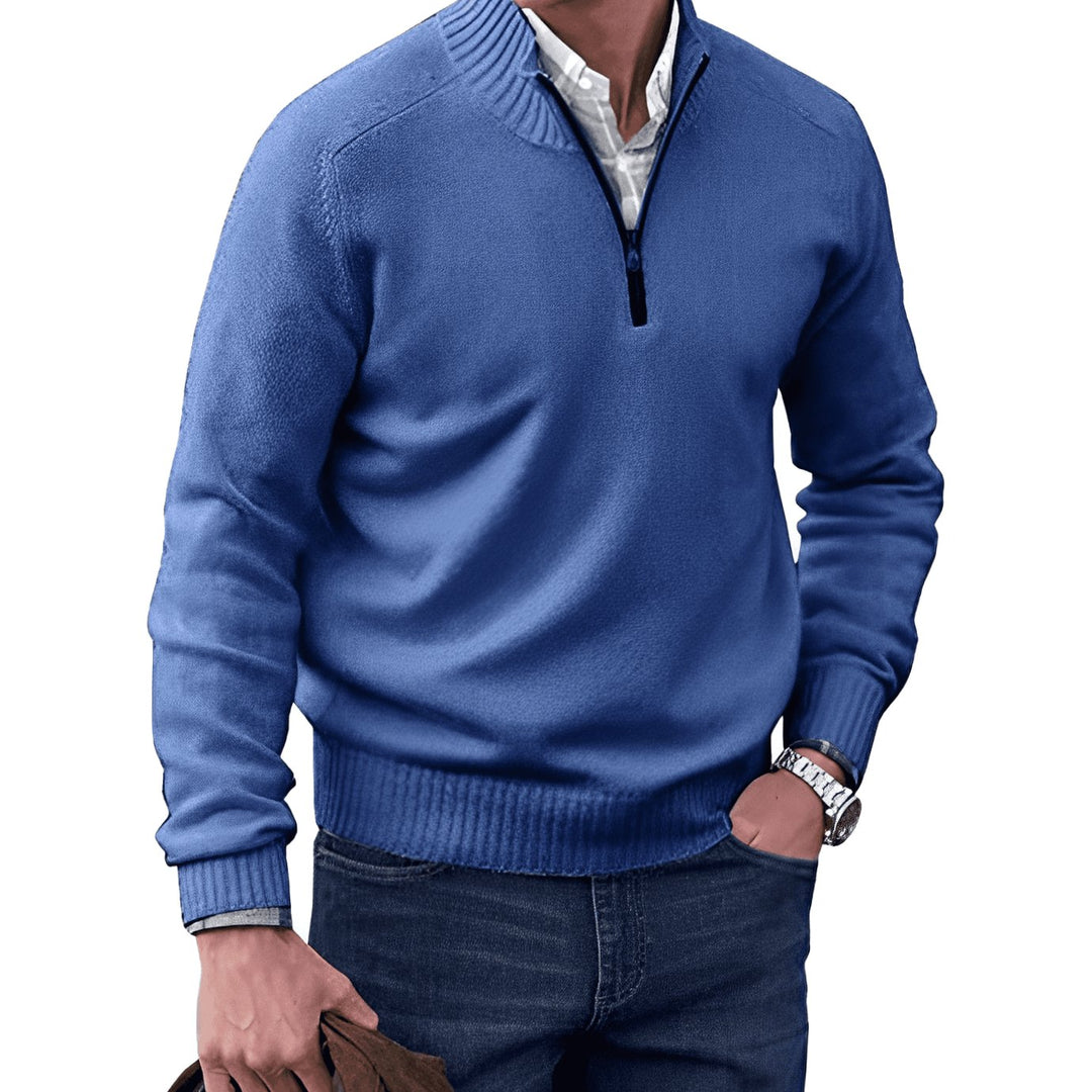 Men's Knitted Half-Zip Pullover Jumper Mock Neck Long Sleeve - Blue