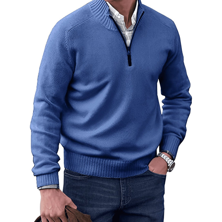 Men's Knitted Half-Zip Pullover Jumper Mock Neck Long Sleeve - Blue
