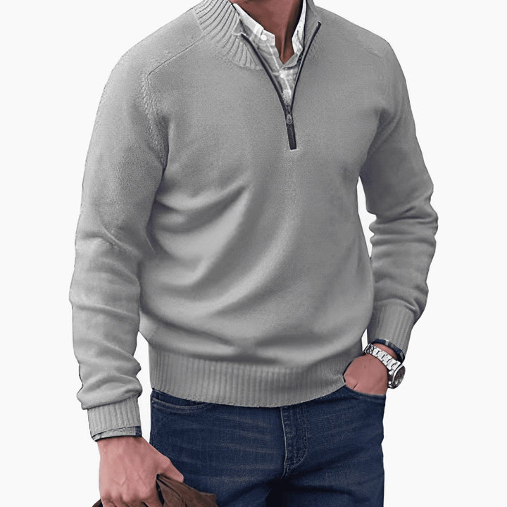 Men's Knitted Half-Zip Pullover Jumper Mock Neck Long Sleeve - Light Grey